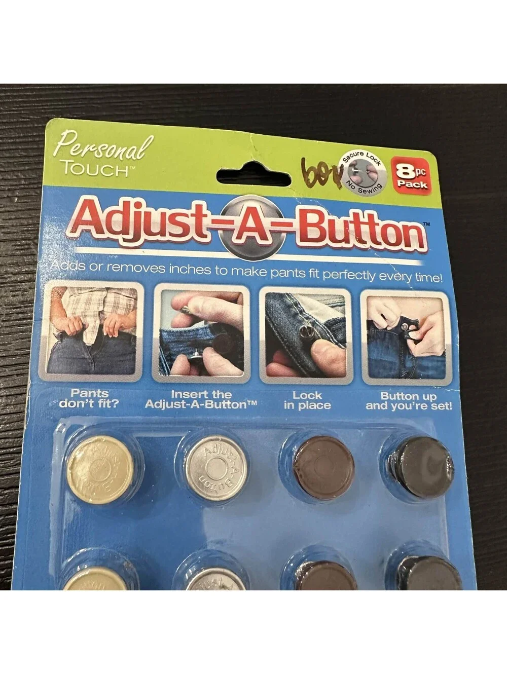 Personal Touch Adjust-A-Button 8 Pc Pack No Sew Waist Extender Buttons Sealed